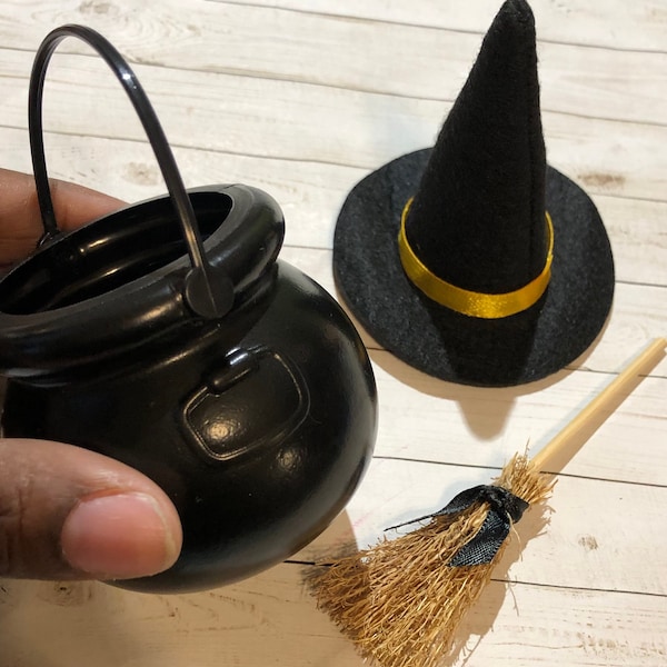 Small Witch Set Hat / Broom / Cauldron / Perfect for your Halloween Craft / DIY Project /Dolls /  Mini Felt Hat/ Halloween Decor (Set of 3)