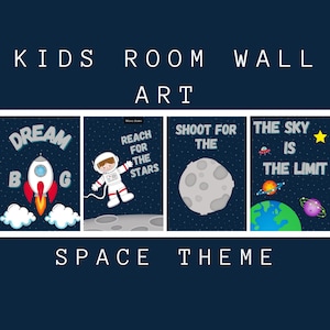 Kids Room Wall Art / Tema espacial / Sueña en grande / Alcanza las estrellas / El cielo es el límite / Luna / Astronauta / Cohete / Despegue / Planetas