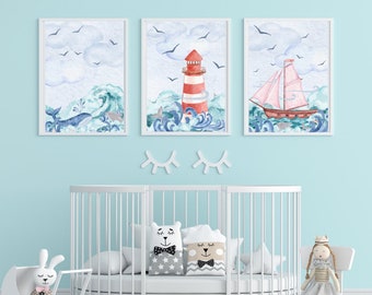Nautical | Ocean | Wall art | Baby Nursery | Water Colour | With or Without verse | Mightier than the waves is his love for you | Psalm 93:4