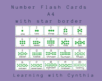 A 4 |Number Flash Cards | 0 - 20 | Digital Download | Star Border | Classroom Wall | Counting | Learning | Teacher Resource | Pre K - Gr 1 |