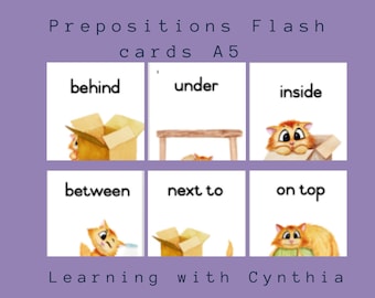 Set of 6 | Prepositions | Flash Cards | A5 | Cute Cat | Classroom | Teacher Resource | Home Use | Learning is fun | Kids | School |