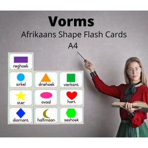 May include: A set of 12 colourful flashcards featuring different shapes in Afrikaans. The shapes include a rectangle, circle, triangle, square, star, oval, heart, diamond, crescent moon, and hexagon. The cards are printed on white paper with a colourful polka dot border.