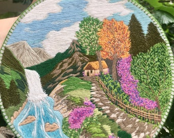 Embroidery Mountain Landscape with Waterfall, Needle Painting, Embroidery Hoop Art, Wall Hangings, Souvenir , Amulet, Felt Ornament