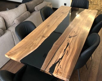 Wooden Epoxy Resin Dining Table Black Epoxy Table, Dining Table Resin Epoxy Table Kitchen Handmade 25-35 MM Thick