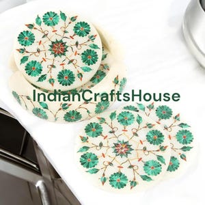 Marble Coaster Set Natural Semi Precious Stones Floral inlay Work Home Decor & Gifts