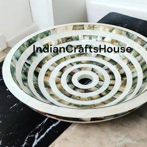 Round Marble MOP Wash Basin Semi precious stones Work Home Decor