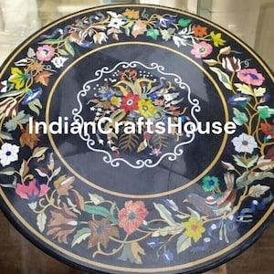 Marble Inlay Tabletop with Semiprecious Stones - Unique Decor - Semiprecious Stones Inlay Round Marble Tabletop