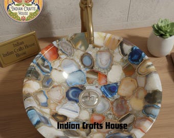 Heirloom Mixed Agate Natural Stones Wash Basin / Counter Top Sink / Round Wash Basin Decor