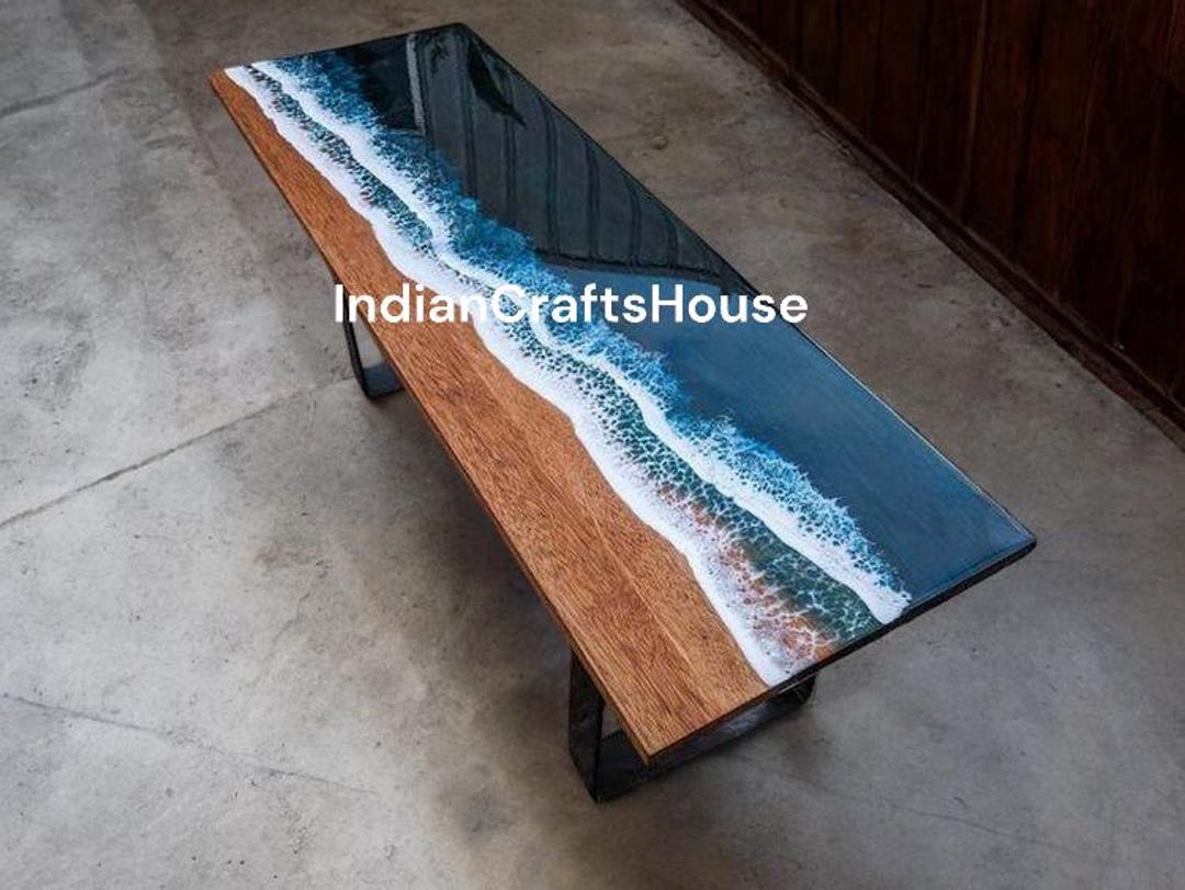 Epoxy Ocean Table With Resin Waves & Beach Design, Handmade Coastal ...
