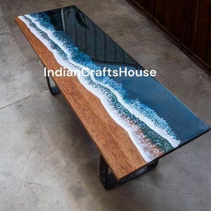 Epoxy Ocean Table with Resin Waves & Beach Design, Handmade Coastal Furniture, Blue Seaside Decor, Custom River Table, Unique Gift