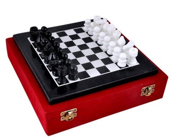 12" Black Marble Chess Board With 2" King Size Marble Chess Pieces Handmade Home Decor Gifts