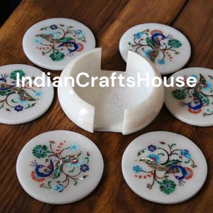 Marble Coaster Set Natural Semi Precious Stones Inlay Work Art Home Decor