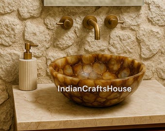 Lavabo de ágata artesanal, fregadero redondo para encimera.