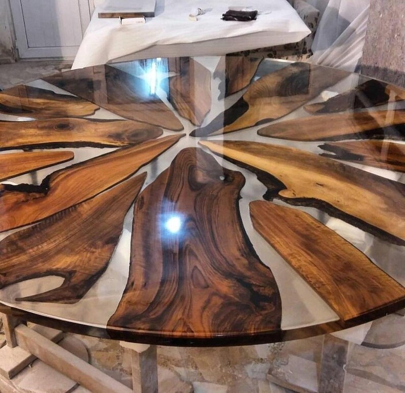 Round Epoxy Wooden Resin Center Kitchen Table Top Handmade Work With ...