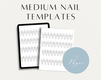 May include: A digital tablet and a printed sheet of paper with outlines of different nail shapes. The text "MEDIUM NAIL TEMPLATES" is at the top of the image. The text "5 Pages" is in a blue circle on the right side of the image. The text "INSTANT DOWNLOAD!!" is at the bottom of the image.