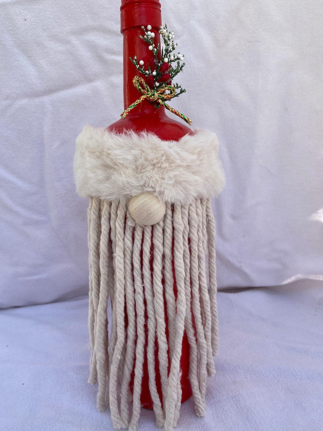 Gnome Wine Bottle, Upcycled Wine Bottle, Gnome Decor, Christmas Decor