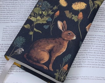 Adjustable rabbit book cover for paperback and manga, with bookmark ribbon, adaptable book protector in forest animal fabric