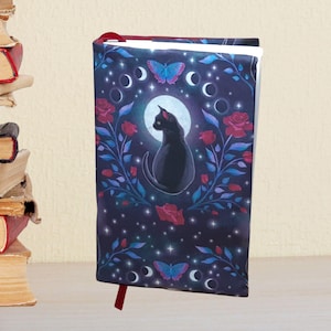 Capa de livro ajustável com estampa de gato cosmos, estojo ajustável para livros de capa dura e brochura, capa protetora em tecido em formato de lua.
