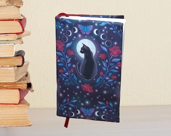 Capa de livro ajustável com estampa de gato cosmos, estojo ajustável para livros de capa dura e brochura, capa protetora em tecido em formato de lua.