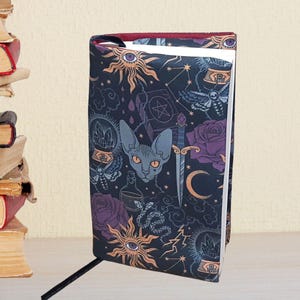 couvre livre ajustable cosmos chat gothique, protège livre fantasy relié et broché, jaquette en tissu pour livre de poche et grand format
