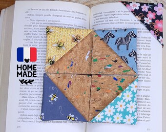 Handmade corner bookmark in non-slip fabric and cork, corner bookmark with animal flower patterns, 2 bought = 1 free, gift for reader