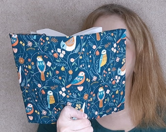 Adjustable pocket book cover in birds fabric with bookmark, adjustable book protector for thick thin book, book case, reading fan