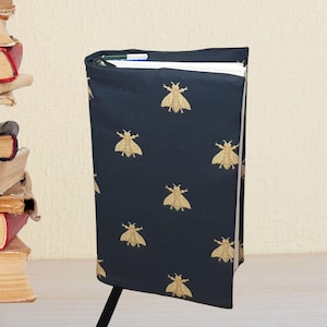 Adjustable Napoleonic bee book cover, black fabric adjustable cover for paperback and hardback books, adaptable protection for novels