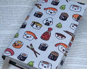 Adjustable book cover in pocket format and One Piece manga, with bookmark ribbon, adjustable protection for novel, cute sushi pattern fabric