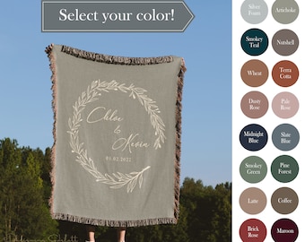 WEDDING BLANKET Custom 2nd Anniversary Gift Cotton Jacquard Throw Gifts For Couple Personalized Woven Laurel Wreath Vintage Farmhouse Colors