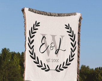 PERSONALIZED MONOGRAM BLANKET Woven Cotton Jacquard Throw Wedding Couple Gift Custom 2nd Anniversary