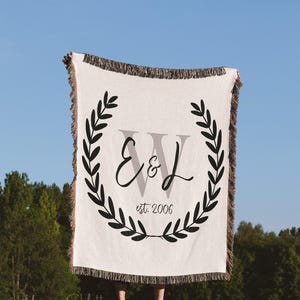 Woven Blanket Cotton Throw 2nd Second Wedding Anniversary Engagement Gift For Wife Couple Monogram Farmhouse Custom Personalized