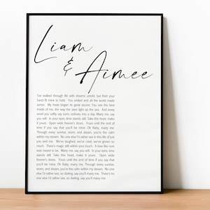Stampa di poesia personalizzata con cornice, regalo per il primo anniversario, testo della canzone "VOTI di matrimonio", stampa del testo della canzone, poster in cotone, regalo di anniversario, regalo personalizzato S.60