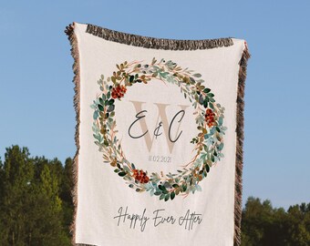 WEDDING BLANKET Woven COTTON Throw Anniversary Gift Custom Vintage Personalized Farmhouse Decor