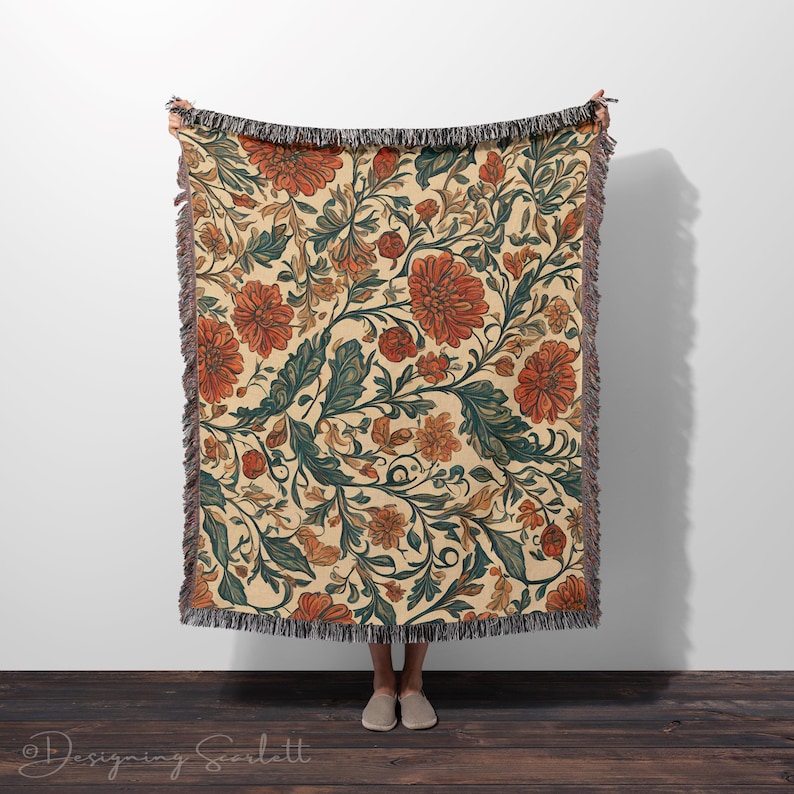 VINTAGE COTTAGECORE WOVEN Blanket Floral Throw Tapestry Farmhouse Décor Wall Hanging Bed Coverlet image 2