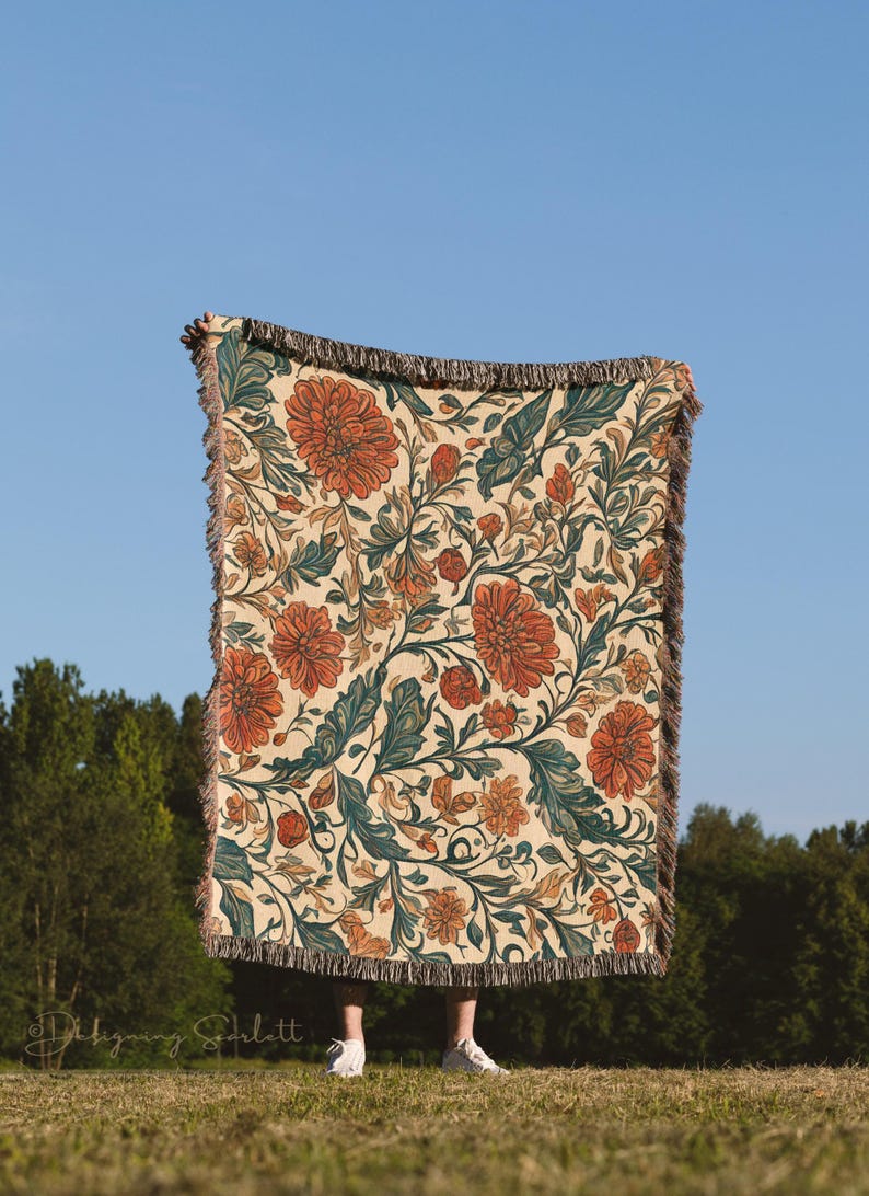 VINTAGE COTTAGECORE WOVEN Blanket Floral Throw Tapestry Farmhouse Décor Wall Hanging Bed Coverlet image 1