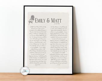 Wedding VOWS Print Poster 1st Anniversary Gift Cotton Paper Custom Poem Personalized For Couple S.22