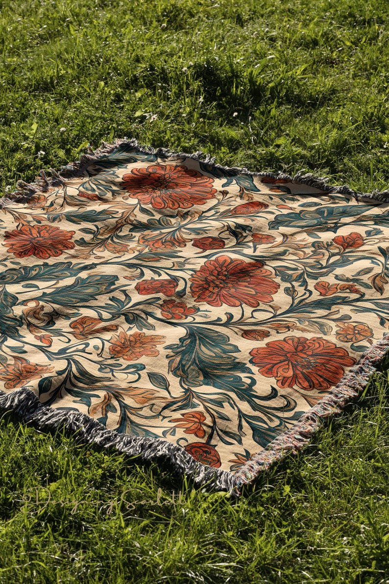 VINTAGE COTTAGECORE WOVEN Blanket Floral Throw Tapestry Farmhouse Décor Wall Hanging Bed Coverlet image 5