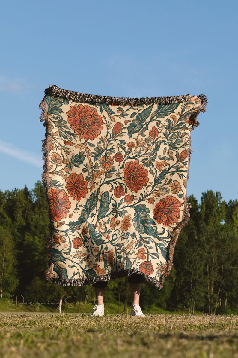 VINTAGE COTTAGECORE WOVEN Blanket Floral Throw Tapestry Farmhouse Décor Wall Hanging Bed Coverlet image 7