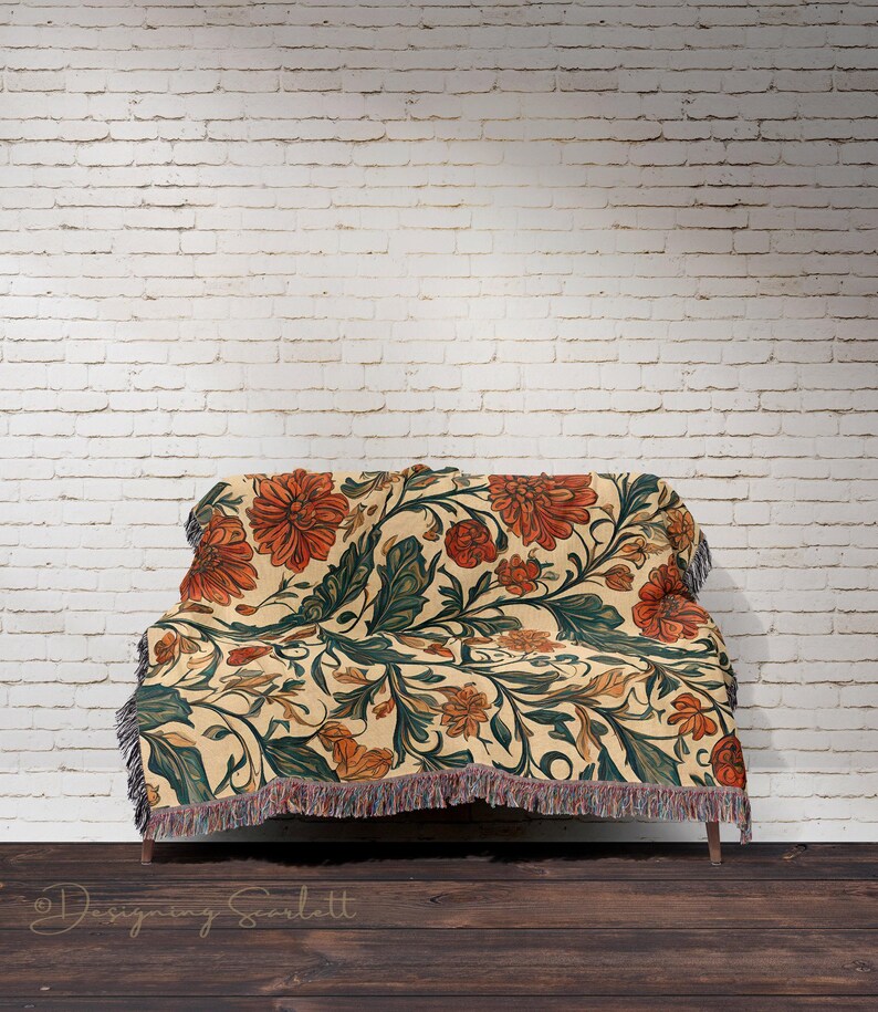 VINTAGE COTTAGECORE WOVEN Blanket Floral Throw Tapestry Farmhouse Décor Wall Hanging Bed Coverlet image 4
