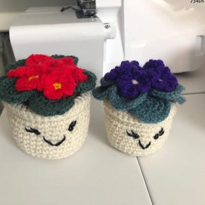 May include: Two crocheted flower pots with smiling faces. One pot has red flowers and the other has purple flowers.
