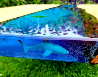 USA-White Oak SHARK Blue Ocean Tables. Shells Plants,starfish, sand and sharks. Dining Table-Coffee Table-Ocean-%100 HANDMADE coffee tables.