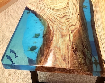 USA-White Oak Dolphin Ocean Tables. Shells Plants,starfish and sharks. Dining Table-Coffee Table-Ocean-%100 HANDMADE resin table,