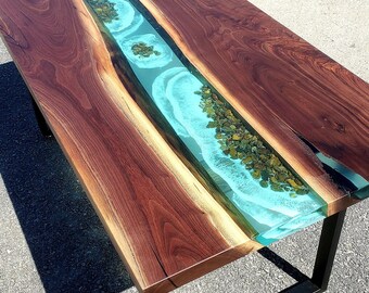 USA- Walnut Blue White Capped Ocean Waves Tables. Shells Plants,starfish and sharks. Dining Table-Coffee Table-Ocean-%100 HANDMADE tables.