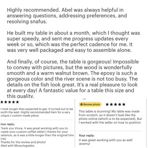 May include: Customer reviews for a custom coffee table. The reviews praise the table's quality, the seller's helpfulness, and the table's appearance. One review mentions the table is stunning and made from scratch.