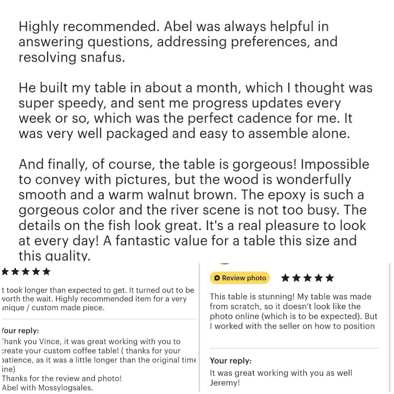 May include: Customer reviews for a custom coffee table. The reviews praise the table's quality, the seller's helpfulness, and the table's appearance. One review mentions the table is stunning and made from scratch.