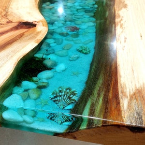USA- Hickory +Blue Epoxy Ocean Tables. Shells Plants,starfish and sharks. Dining Table-Coffee Table-Ocean-%100 HANDMADE resin coffee tables.