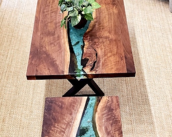 CUSTOM EPOXY Aquatic /Coffee Tables/Desk/ End Tables, Custom desk of drawers . Epoxy river coffee table. Solid walnut wood tops. Nightstands