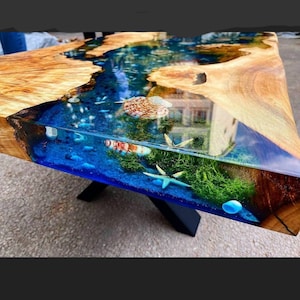 Custom Order! USA- Wood River Blue Green Tropical Design Aquarium Epoxy Table-Resin Table-Dining Table-Coffee Table-Ocean-%100 HANDMADE