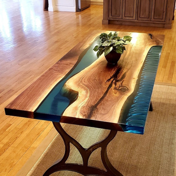 USA-Walnut blue Epoxy river Tables. With carved wave effect. Table-Dining Table-Coffee Table-Ocean-%100 HANDMADE resin coffee tables.