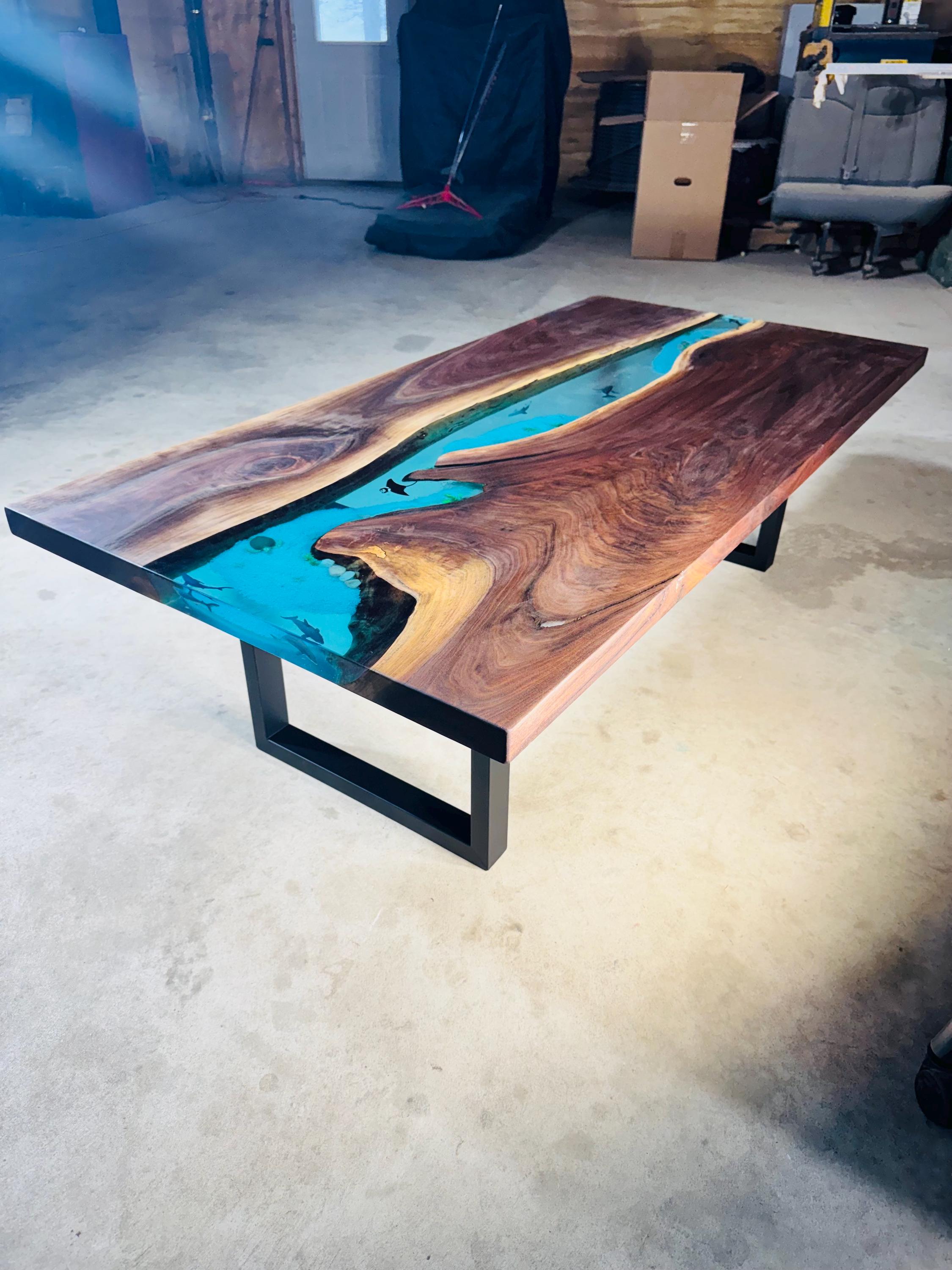 Roaks Shell Table Usa-black Walnut Epoxy Ocean Tables. Shells Plants,starfish and Sharks ...